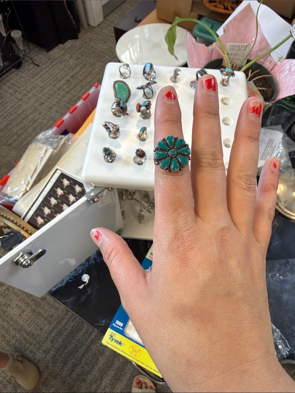 Vintage Sterling Silver Turquoise floral Ring - size 6